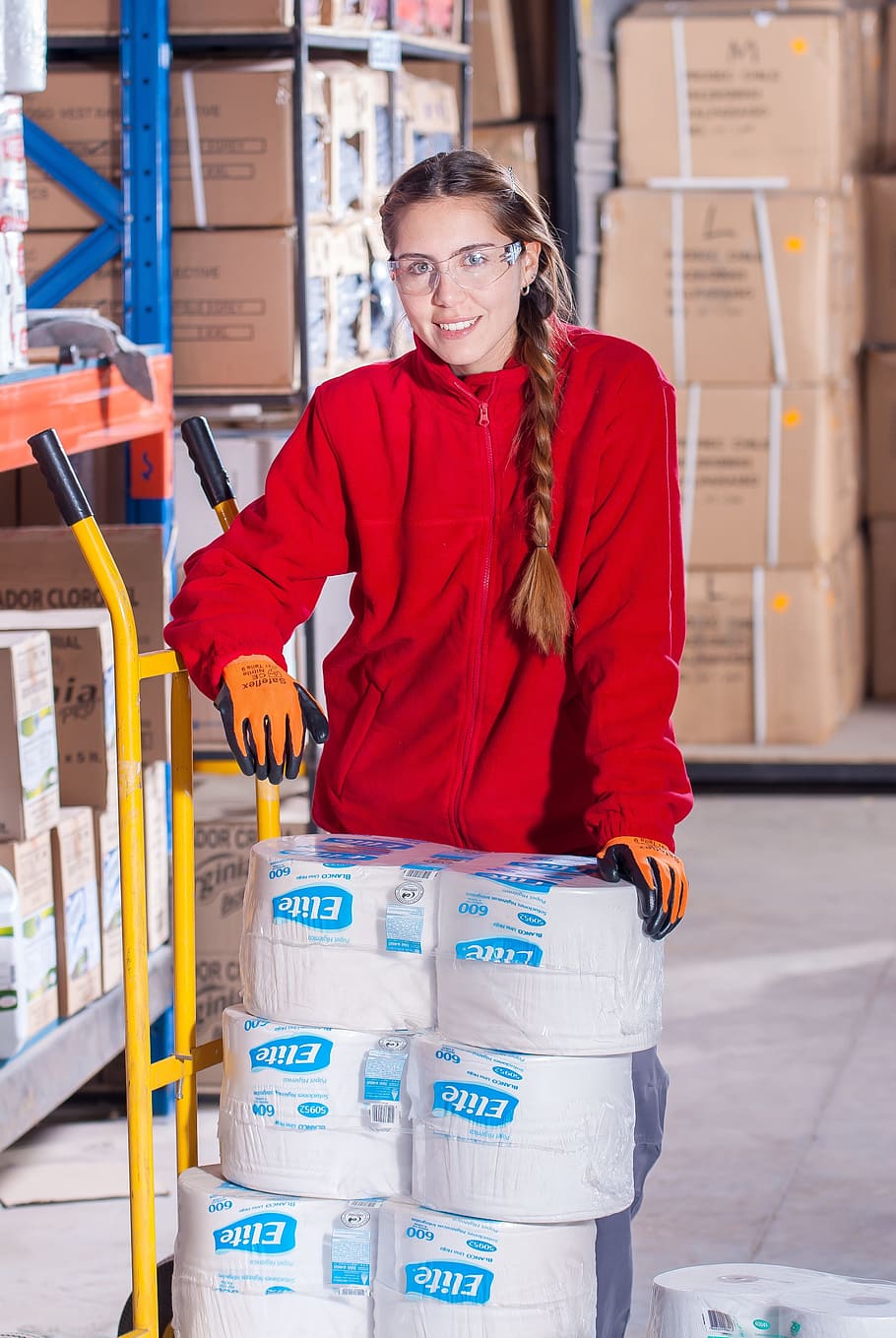 woman near yellow hand truck, industrial, security, logistic HD wallpaper