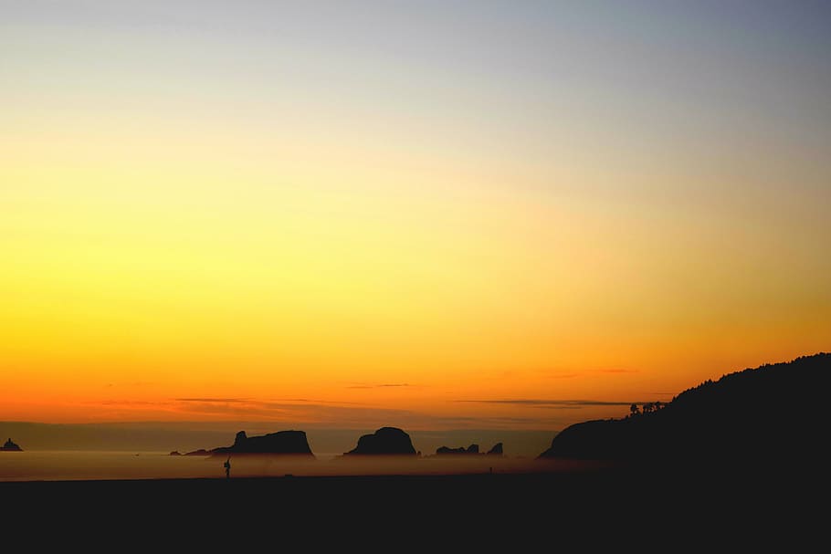 silhouette of mountain ranges, photo, golden, hour, sunset HD wallpaper