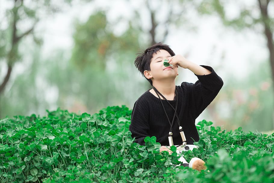 Child, Spring, Outing, one person, day, black hair, green color HD wallpaper