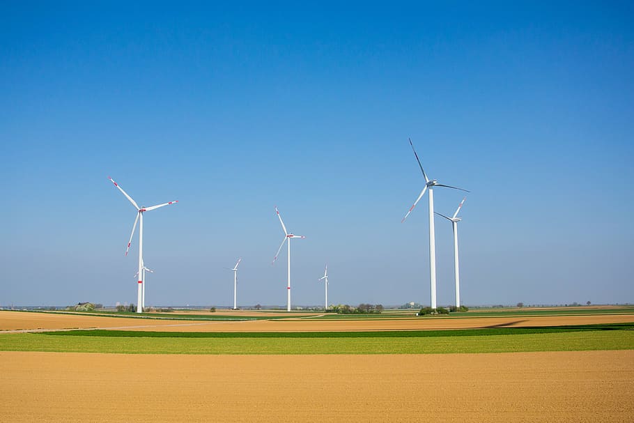 white turbines on green field, windräder, wind power, energy HD wallpaper
