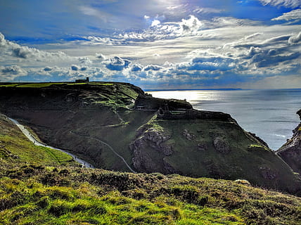 castle, cornwall, coast, church, tintagel, sea, horizon, sunset HD wallpaper