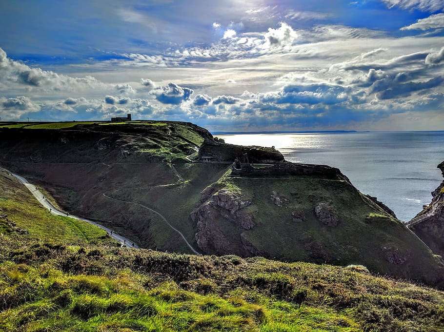 castle, cornwall, coast, church, tintagel, sea, horizon, sunset HD wallpaper