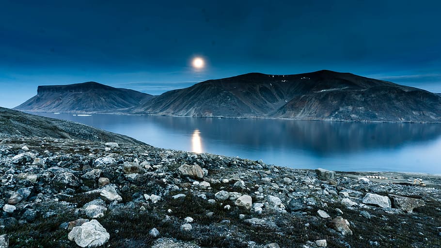 lake, landscape, moon, mountain, nature, outdoors, rocks, scenic HD wallpaper