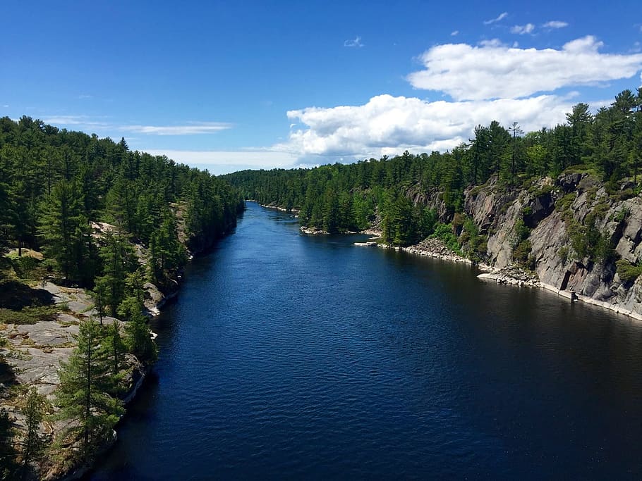Landscape, Nature, River, Water, Forest, rocks, sky, blue, clouds HD wallpaper