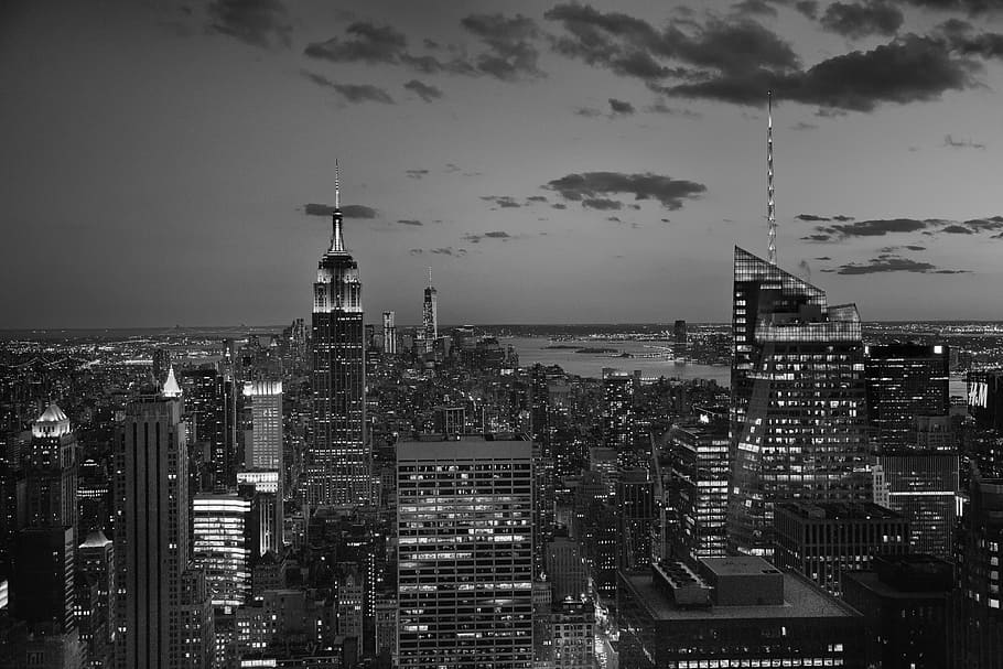 greyscale photo of cityscape, big city, skyscrapers, new york HD wallpaper