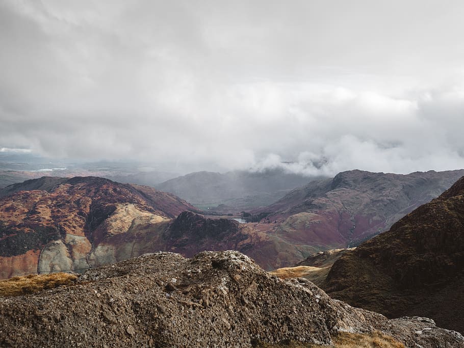 mountain, highland, rocks, hill, clouds, sky, summit, ridge HD wallpaper
