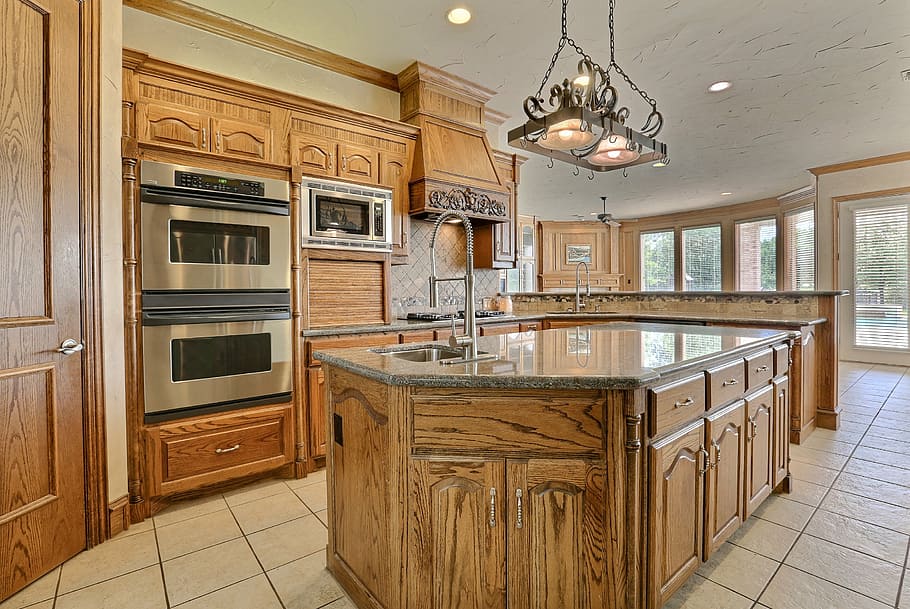 brown wooden kitchen isle, luxury, room, interior design, domestic kitchen HD wallpaper