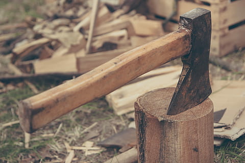 black axe with brown wooden handle, Tree, Outdoors, Cut, Tool HD wallpaper