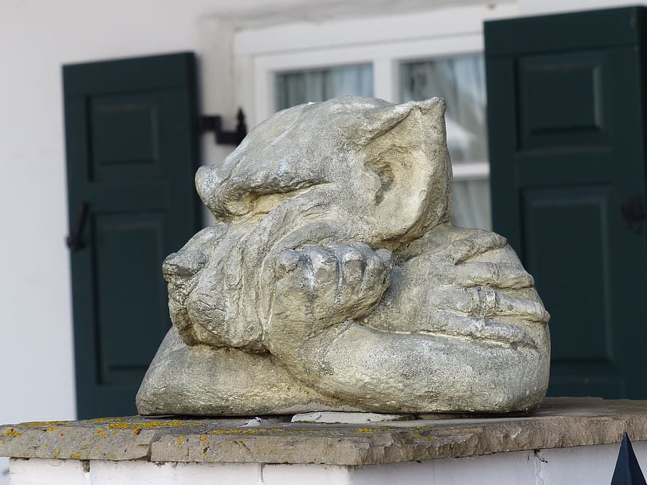 gray concrete statue, garden statue, wolf, dog, grim, sullen HD wallpaper