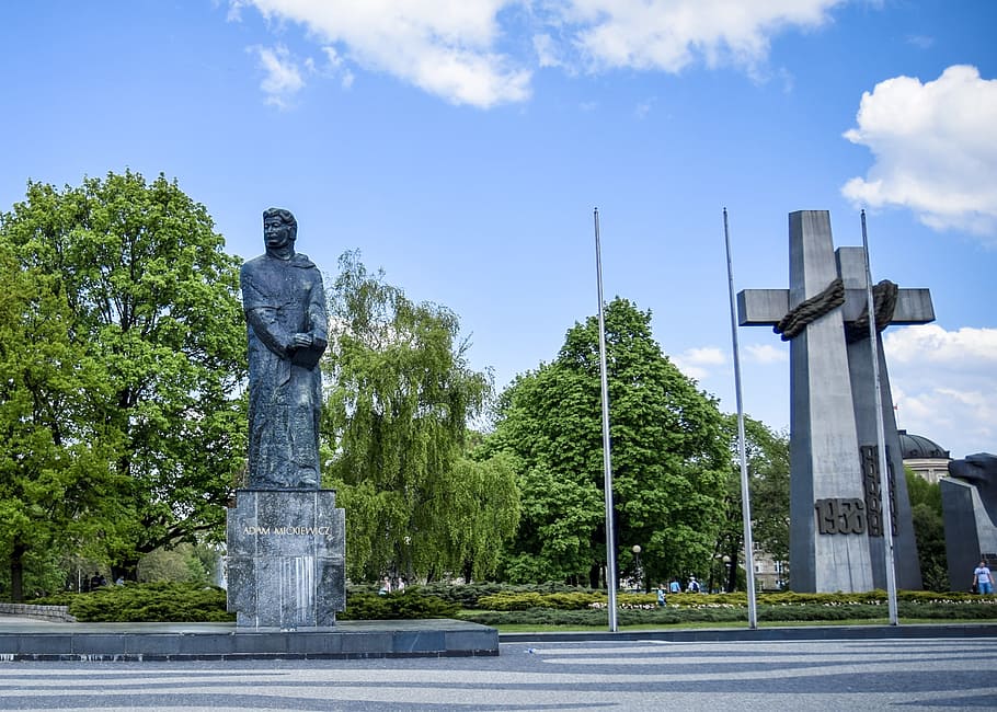 square, adam, mickiewicz, poznan, sculpture, human representation HD wallpaper