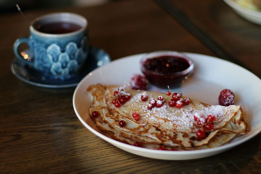 food, plate, coffee, cup, berry, breakfast, delicious, dessert HD wallpaper