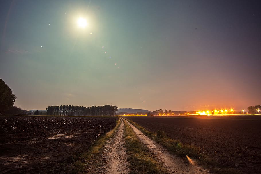 field of green grass during night time, gray, soil, pathway HD wallpaper