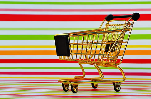 brass push cart, shopping, purchasing, candy, trolley, shopping list HD wallpaper