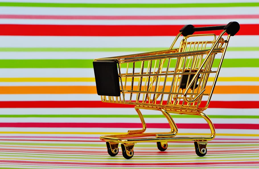 brass push cart, shopping, purchasing, candy, trolley, shopping list HD wallpaper