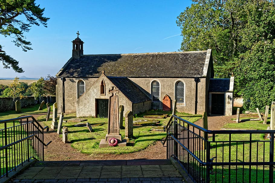 church, blue sky, headstones, graveyard, church building, gravestones HD wallpaper