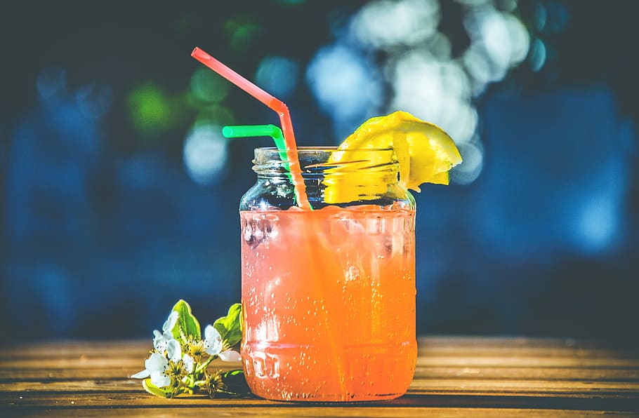 orange plastic straw in clear mason jar, glass, juice, lemon HD wallpaper