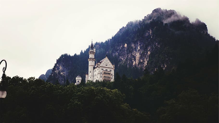 white concrete castle on green mountain at daytime, house, highest HD wallpaper