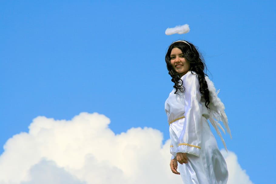 angel, cloud, wings, sky, one person, clothing, smiling, low angle view HD wallpaper