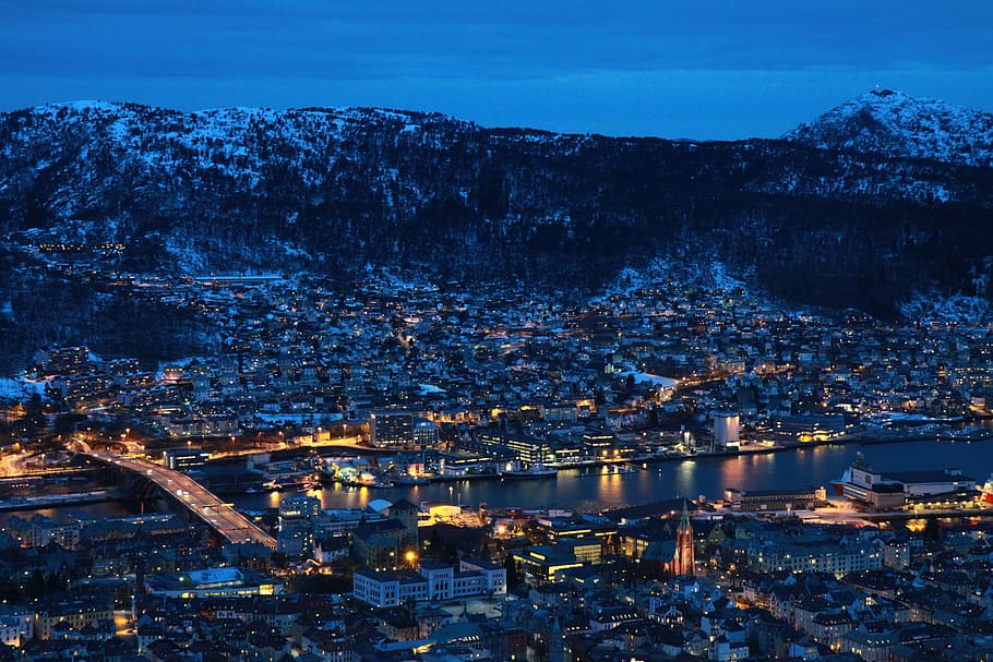 Bergen, city buildings at night, mountain, snow, town, lights