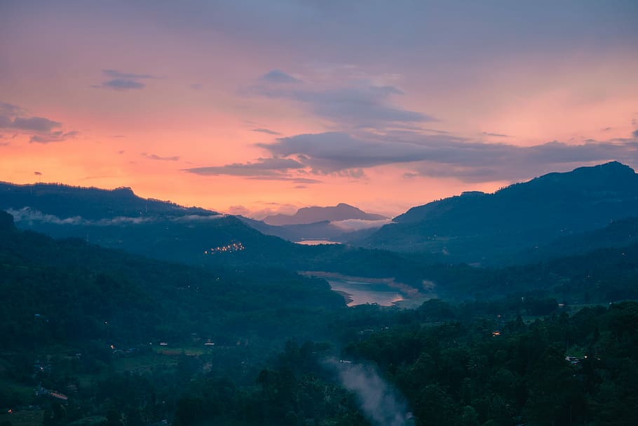 river beside green trees under orange sunset, areal photography of mountains HD wallpaper