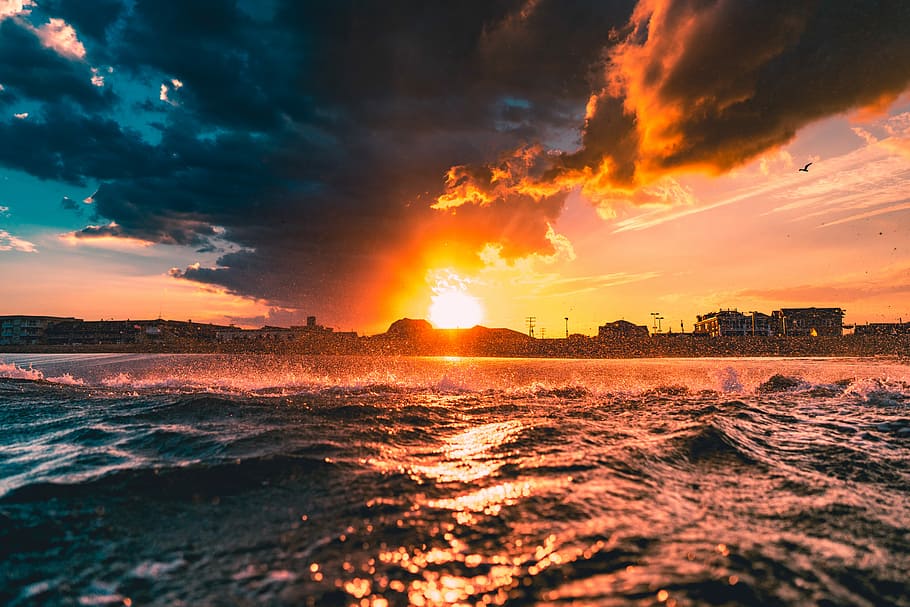 photography of sunset, body of water waving during sunset, sunrise HD wallpaper