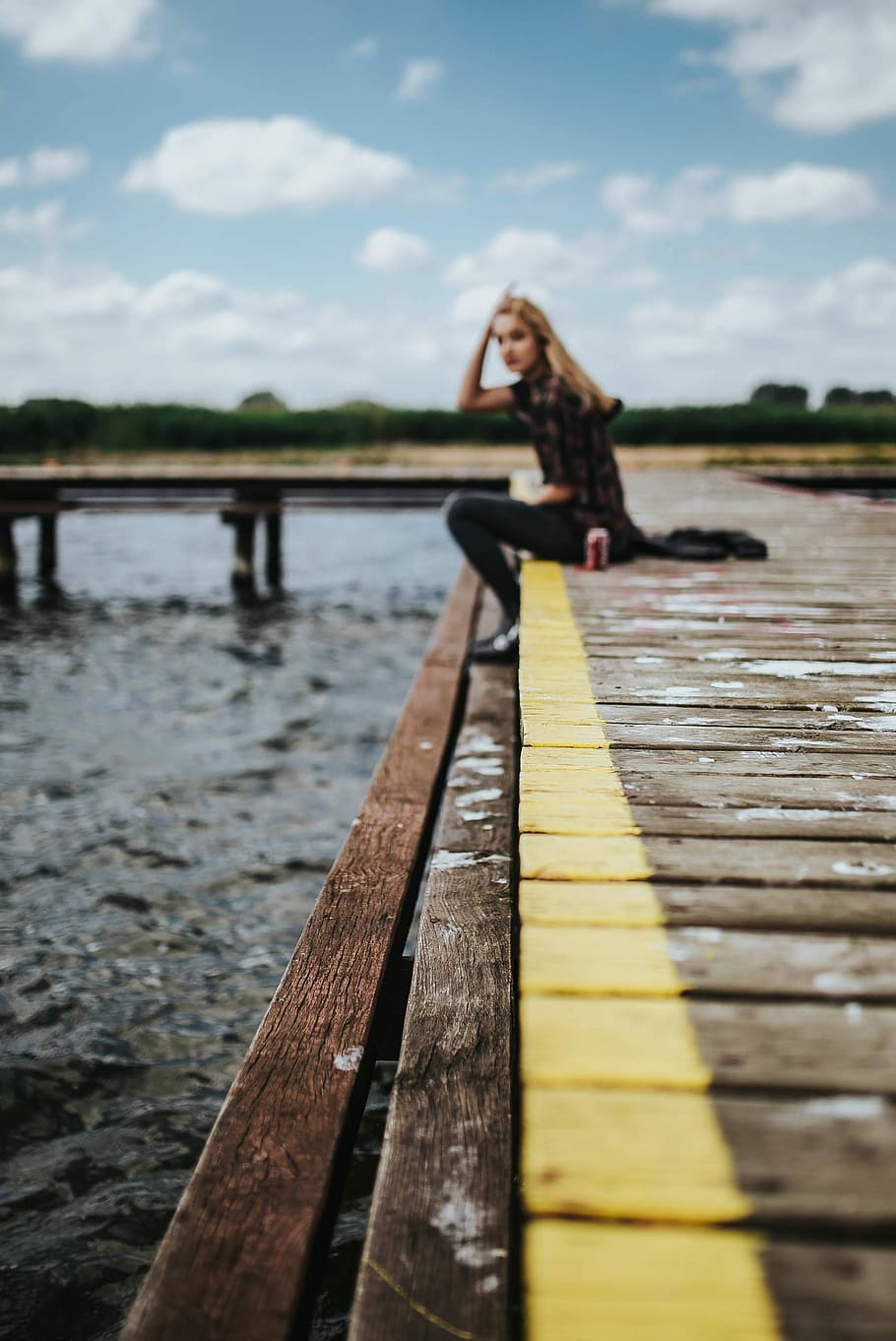 Beautiful blonde woman on a wooden pier by the lake, female, girl, HD wallpaper