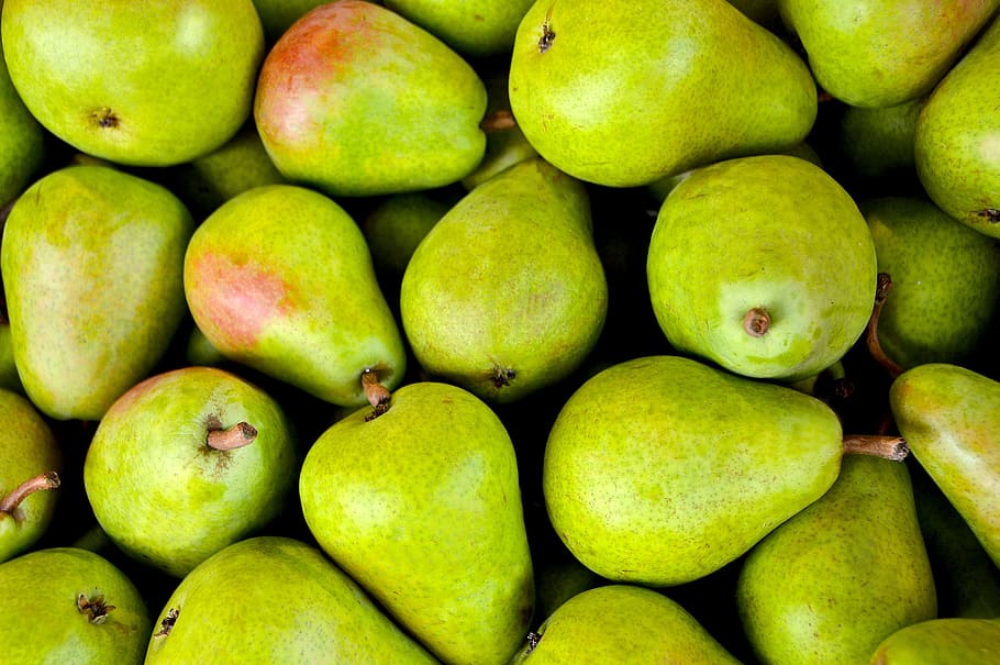 oval green fruit lot, pear, pear basket, sweet, left untreated HD wallpaper