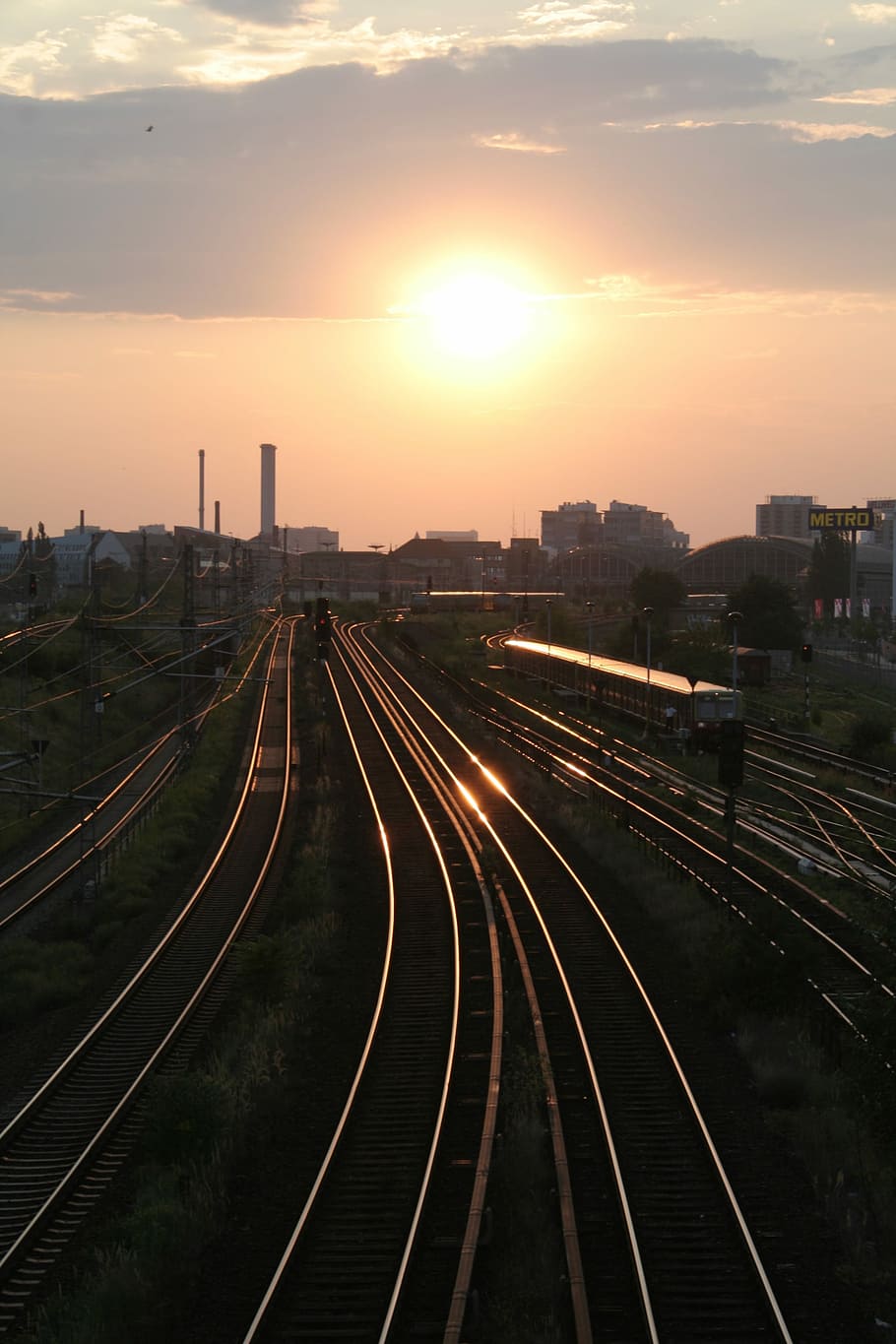 Gleise, Sunset, seemed, railway line, sunlight, evening sky HD wallpaper