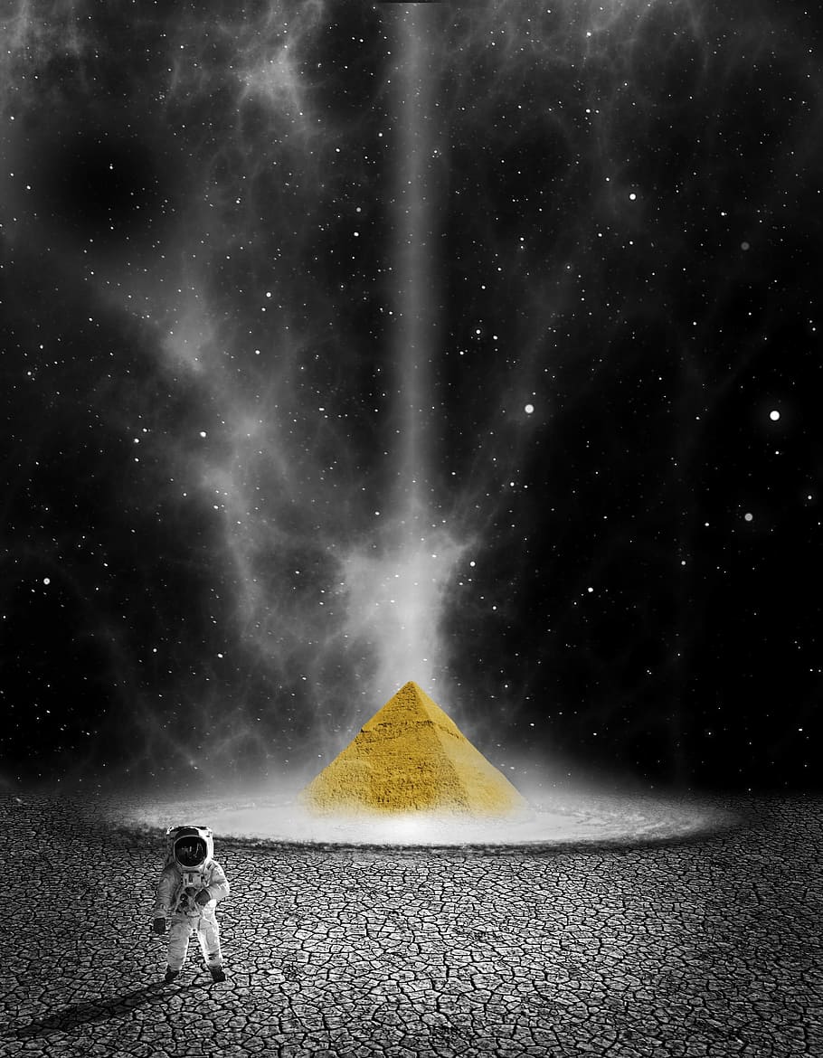 astronaut near pyramid, planet, space, universe, astronautics HD wallpaper
