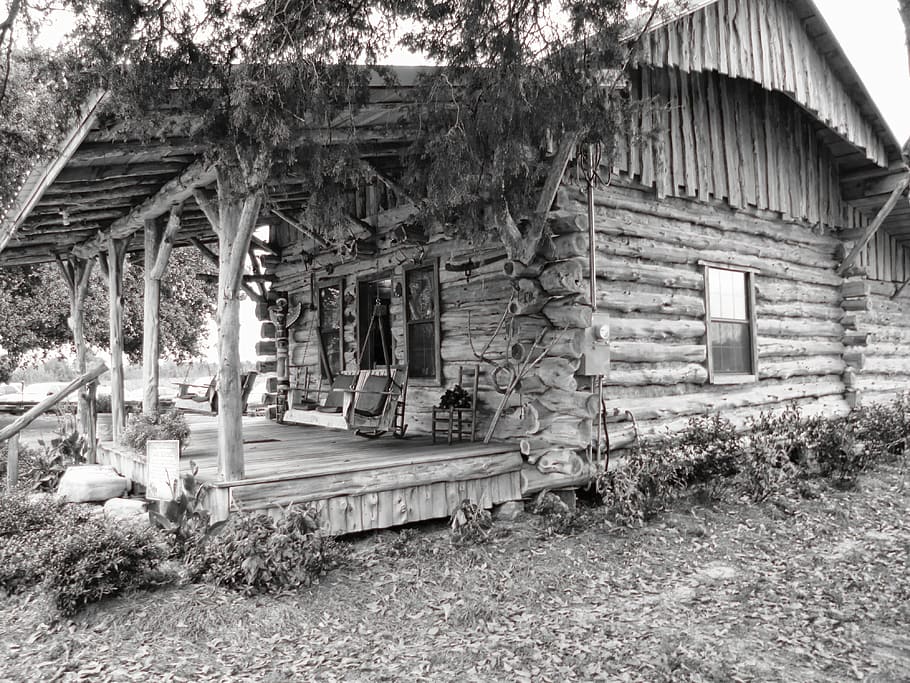 grayscale photo of log house, log cabin, home, wood, architecture