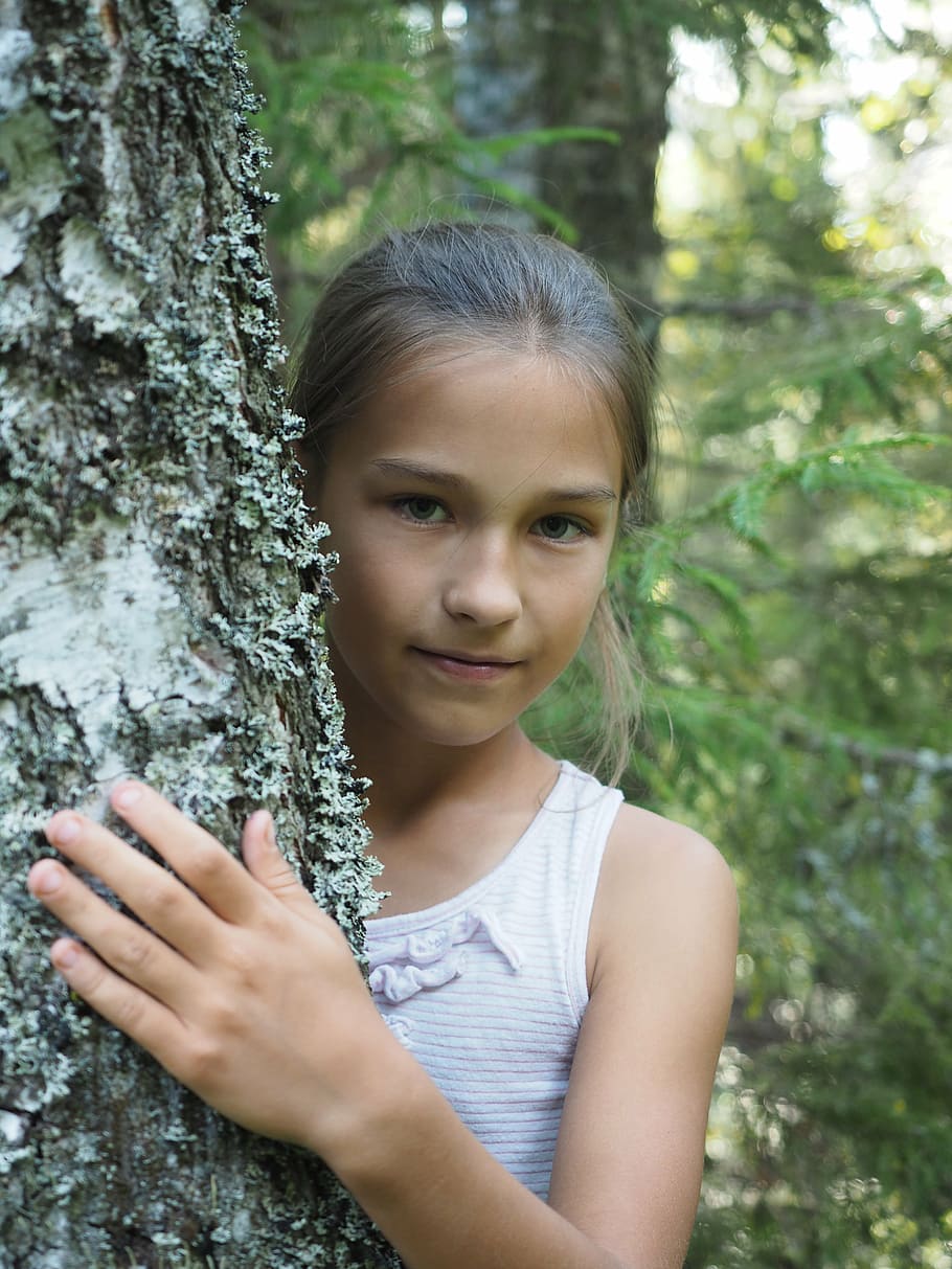 girl, forest, nature, tree, model, hands, eyes, photoshoot HD wallpaper