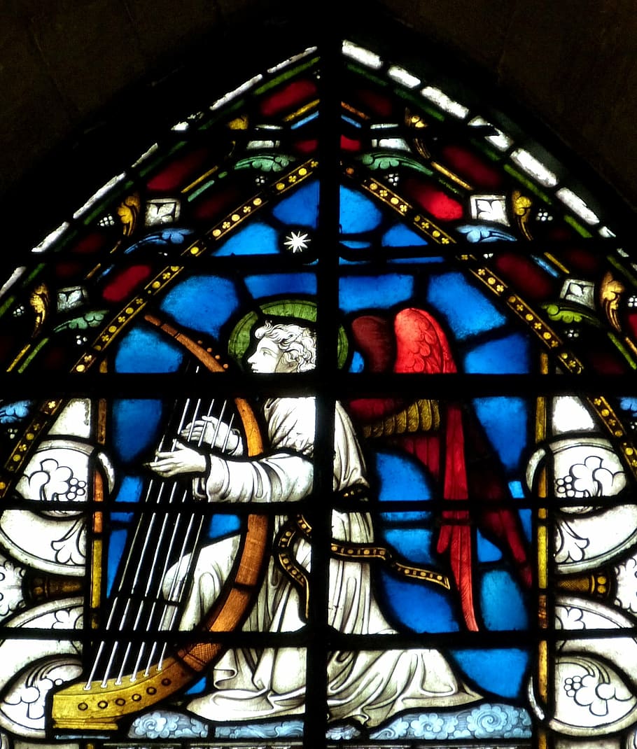 angel, church window, glass window, christianity, music, instrument, HD wallpaper