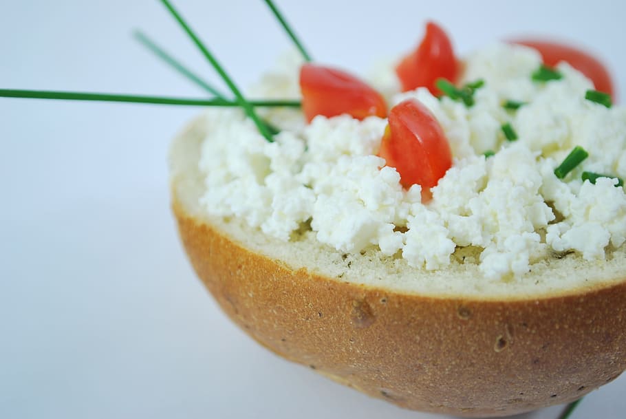 salad served on brown bowl, cream cheese, tomato, red, food HD wallpaper