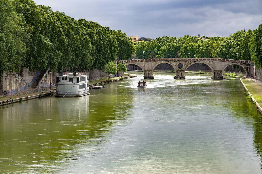 bridge, river, tiber, rome, boat, houseboat, barge, tourism HD wallpaper