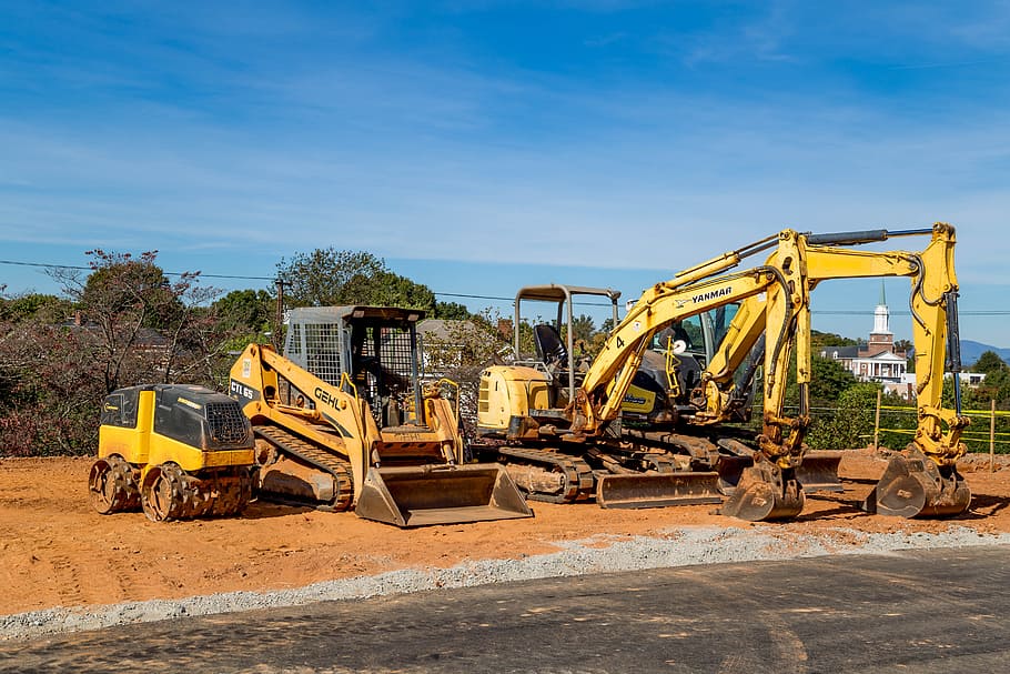 four yellow heavy equipments near trees, dig, machinery, work, HD wallpaper