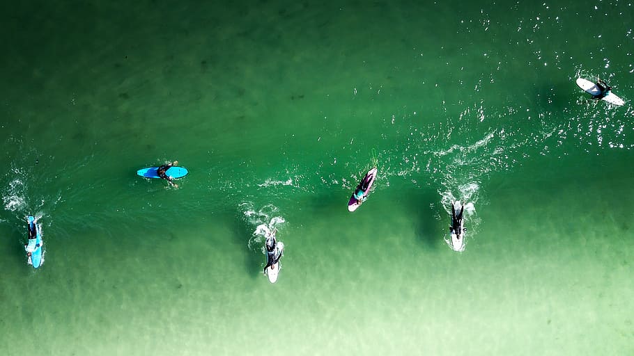 aerial photo of body of water, sunset, surfer, surfing, ocean HD wallpaper