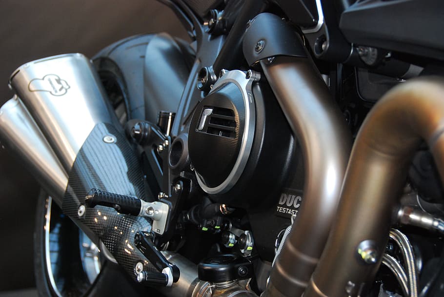 gray motorcycle muffler, ducati, diavel, exhaust, technology HD wallpaper