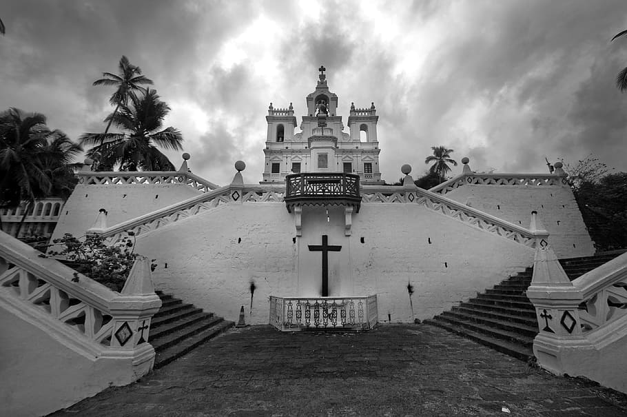 greyscale photo of church, panjim, panaji, goa, india, portuguese
