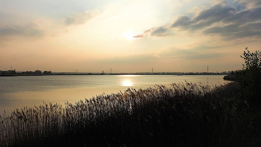 sunset, waters, nature, reflection, dusk, sky, landscape, horizon HD wallpaper