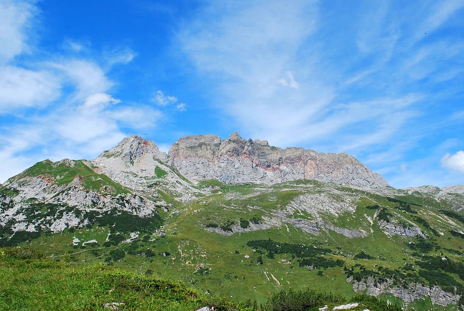 red wall, lech am arlberg, mountains, sky, nature, summer, european Alps HD wallpaper