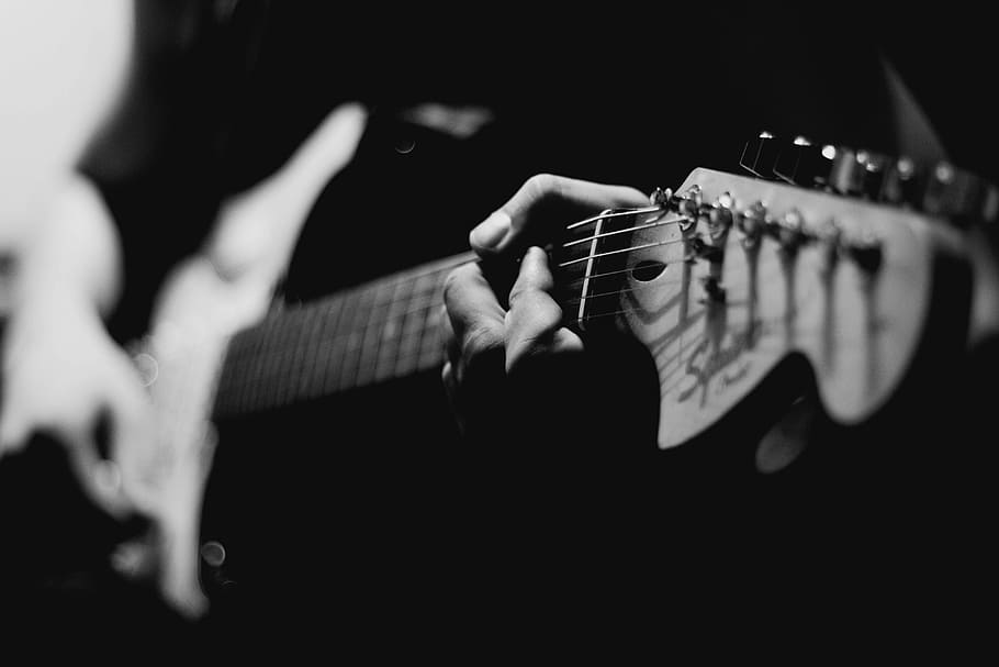 grayscale photography of person playing electric guitar, grayscale photo of man holding electric guitar HD wallpaper