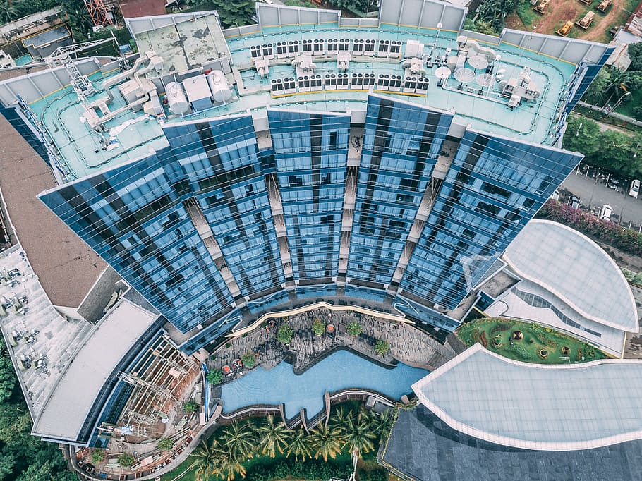 fisheye lens aerial photography of blue building, aerial photography of hotel HD wallpaper