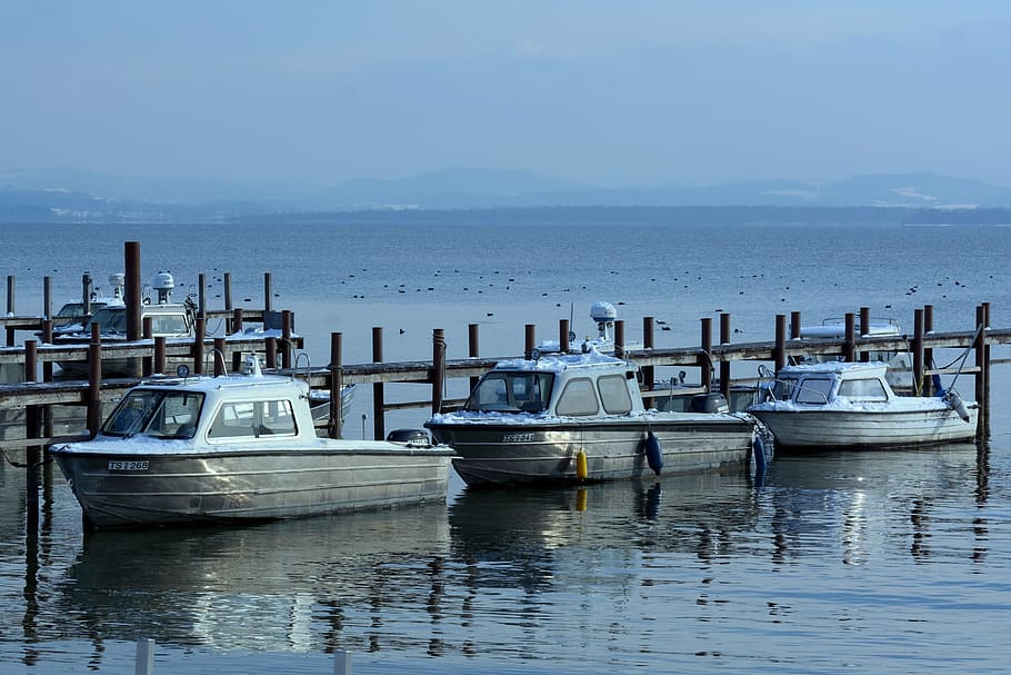 winter, web, lake, water, boardwalk, boats, chiemsee, pier HD wallpaper