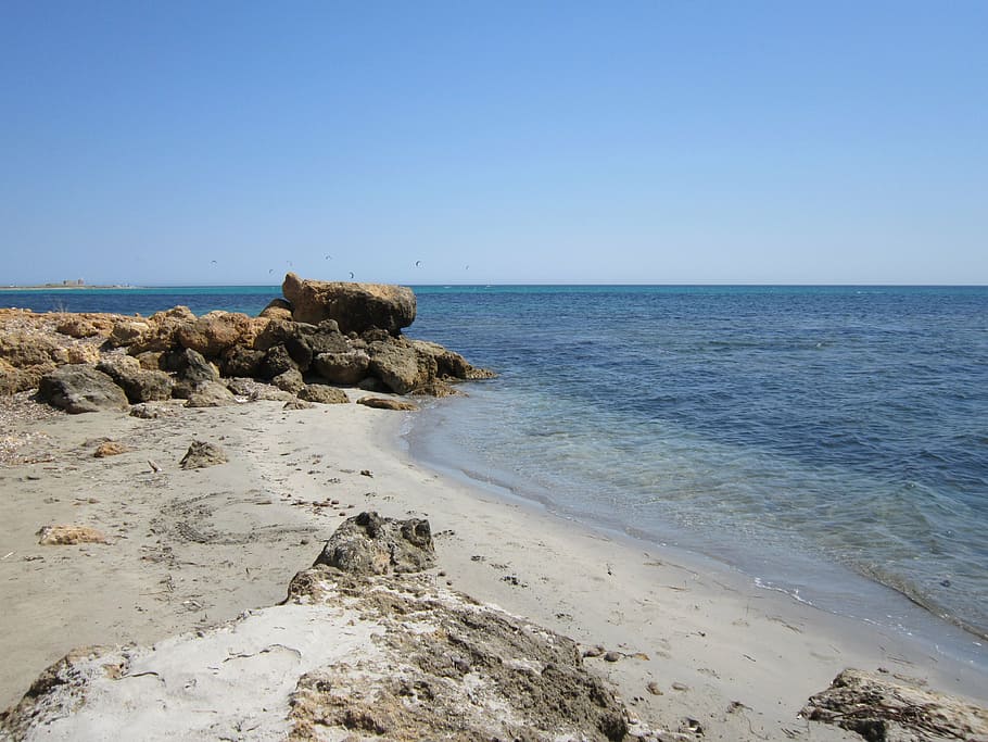 sea, beach, summer, water, bank, sand, stones, sky, blue, salt water HD wallpaper