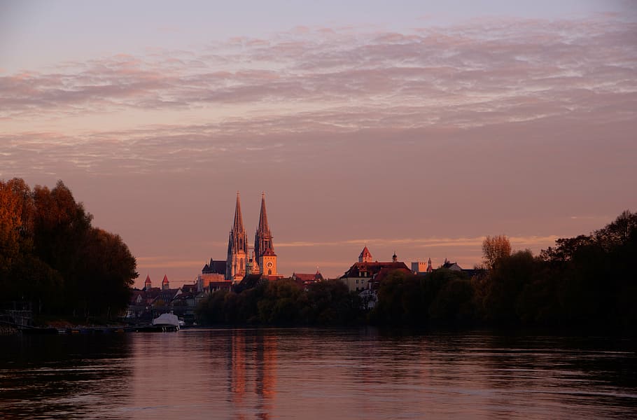 regensburg, afterglow, evening sky, water, danube, sunset, abendstimmung HD wallpaper