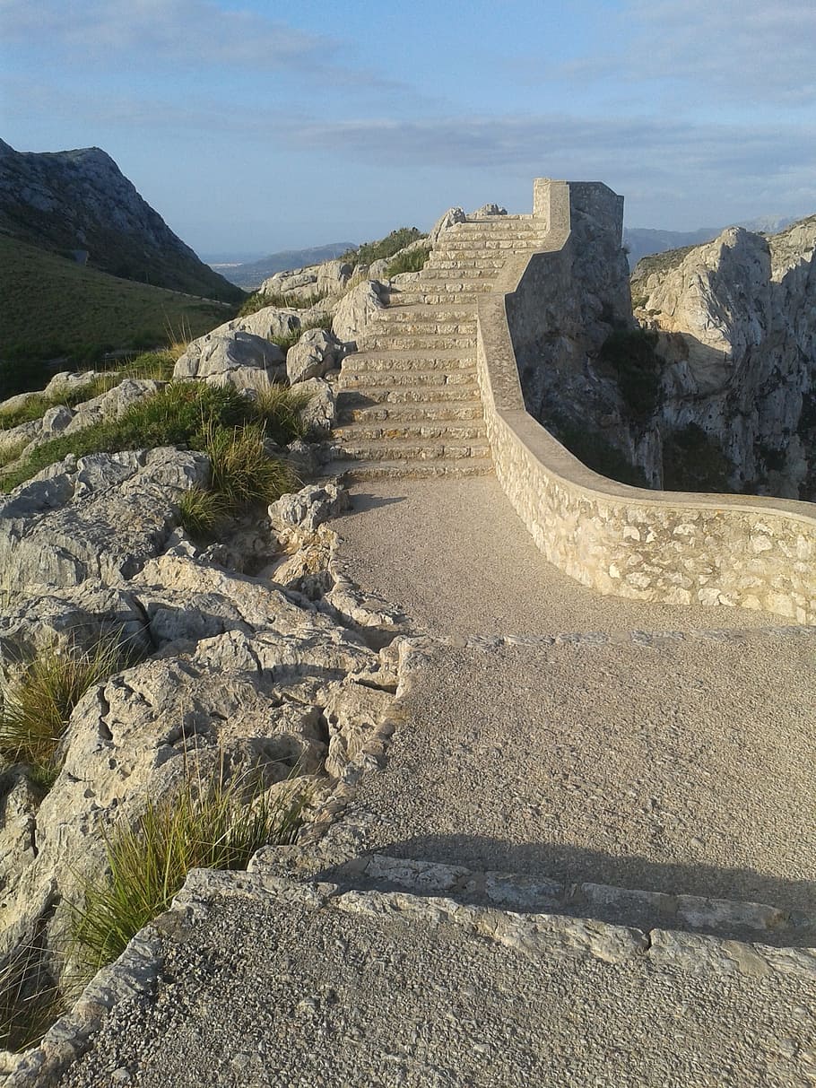 stairs, stone, away, mallorca, mountains, gradually, rise, architecture, HD wallpaper