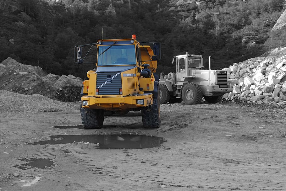 Excavators, Yellow, site, construction work, wheel loader, truck, HD wallpaper