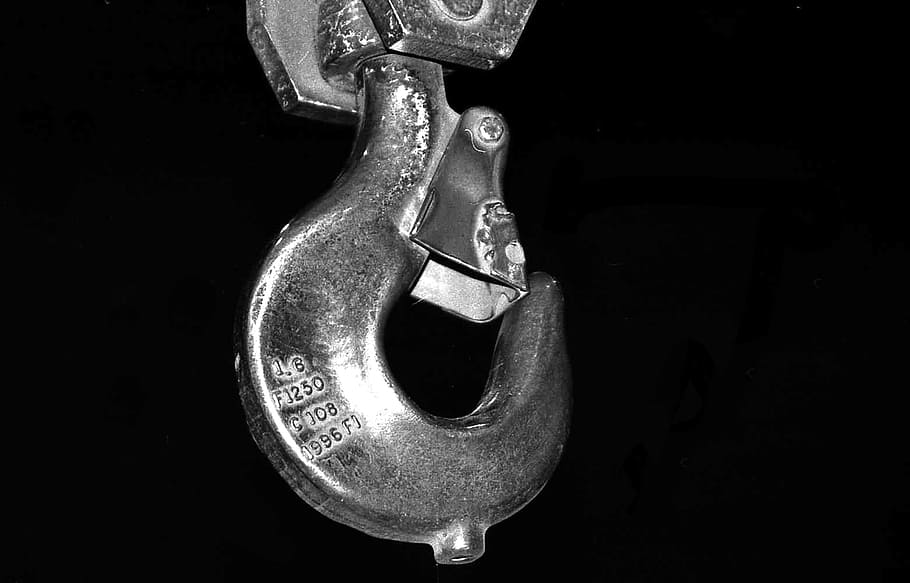 black and white, hook, crane, metal, close-up, still life, no people HD wallpaper