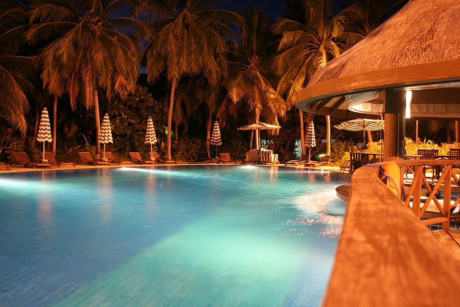 pool, night view, maldives, water, swimming pool, tourist resort HD wallpaper