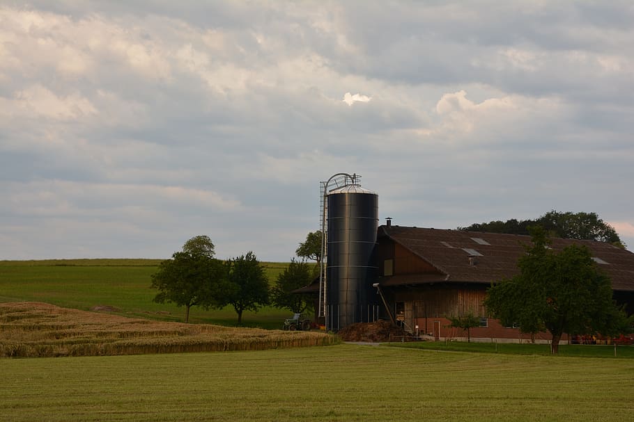 House, Farm, Landscape, Field, Clouds, agriculture, factory, HD wallpaper